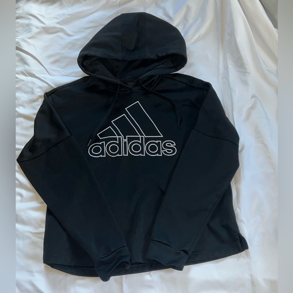 Black Adidas Brand Athletic Pullover Hoodie Unisex Sportswear Logo